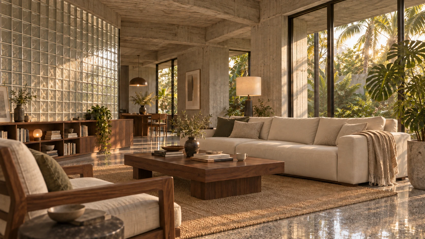 Interior 3D render: living room with concrete ceiling, glass-block wall and tropical garden view