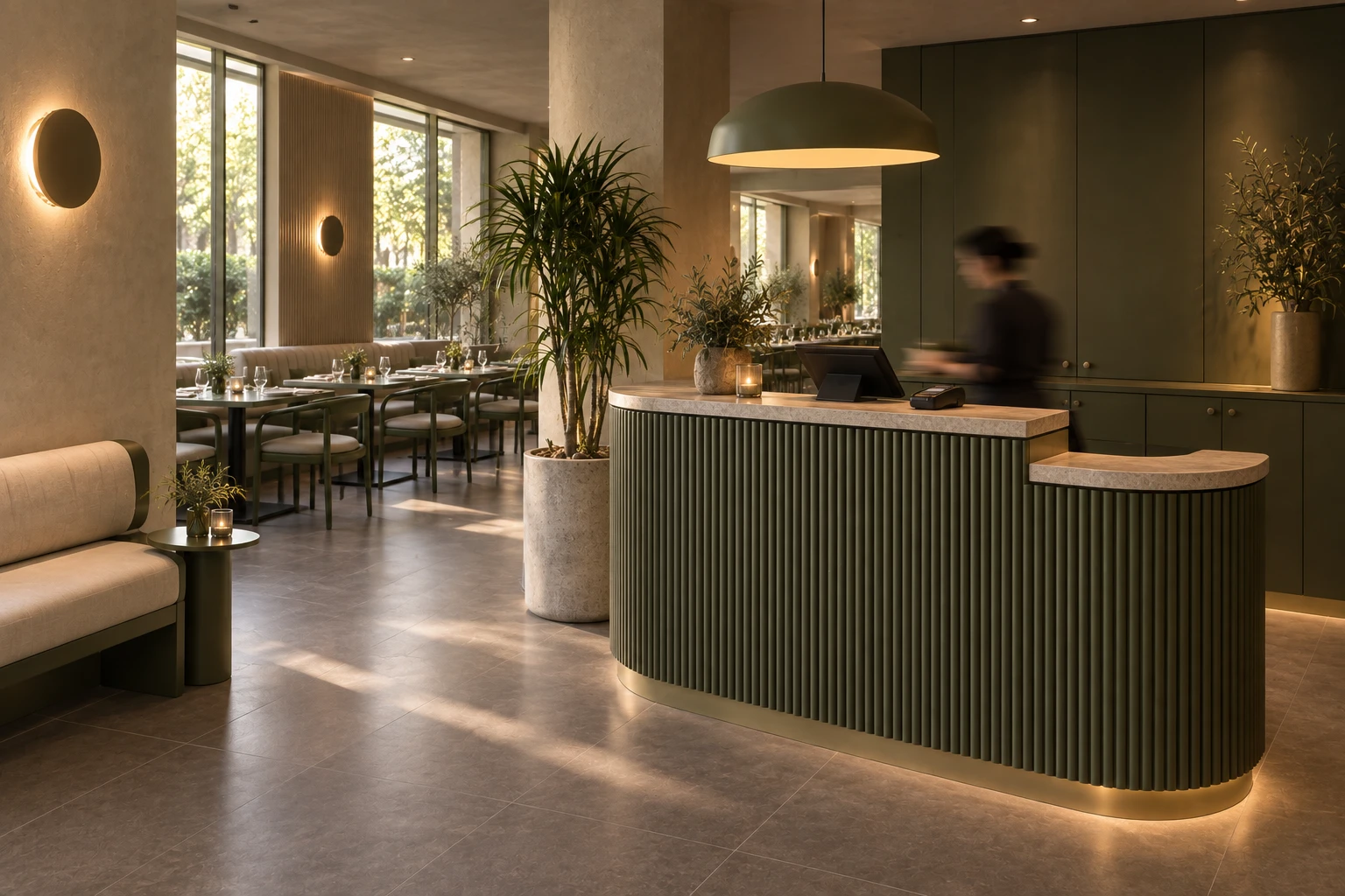 Interior 3D render: restaurant host counter in fluted olive green with stone top and dining room beyond