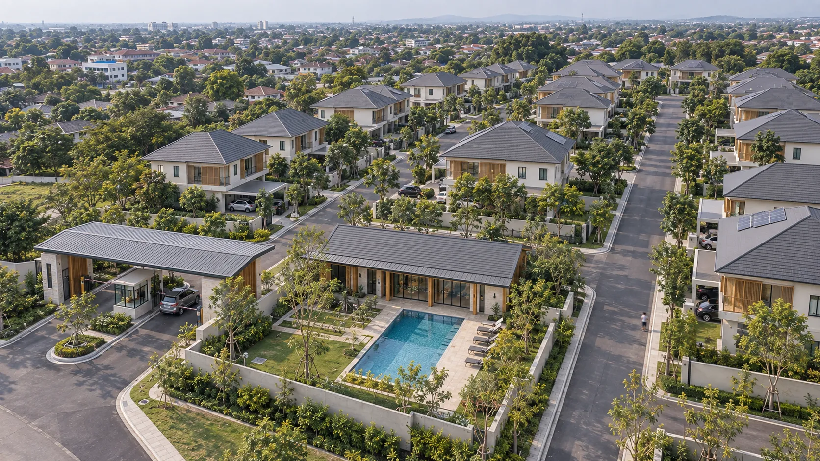 Bird's-eye 3D render: housing estate with gatehouse, clubhouse and pool in the foreground and tree-lined streets of two-storey homes