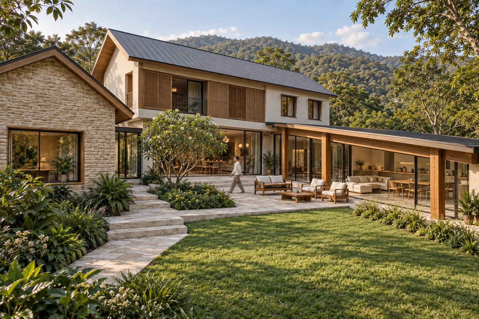 Exterior 3D render: hillside villa with stone annex, timber screens and covered terrace seen across the lawn